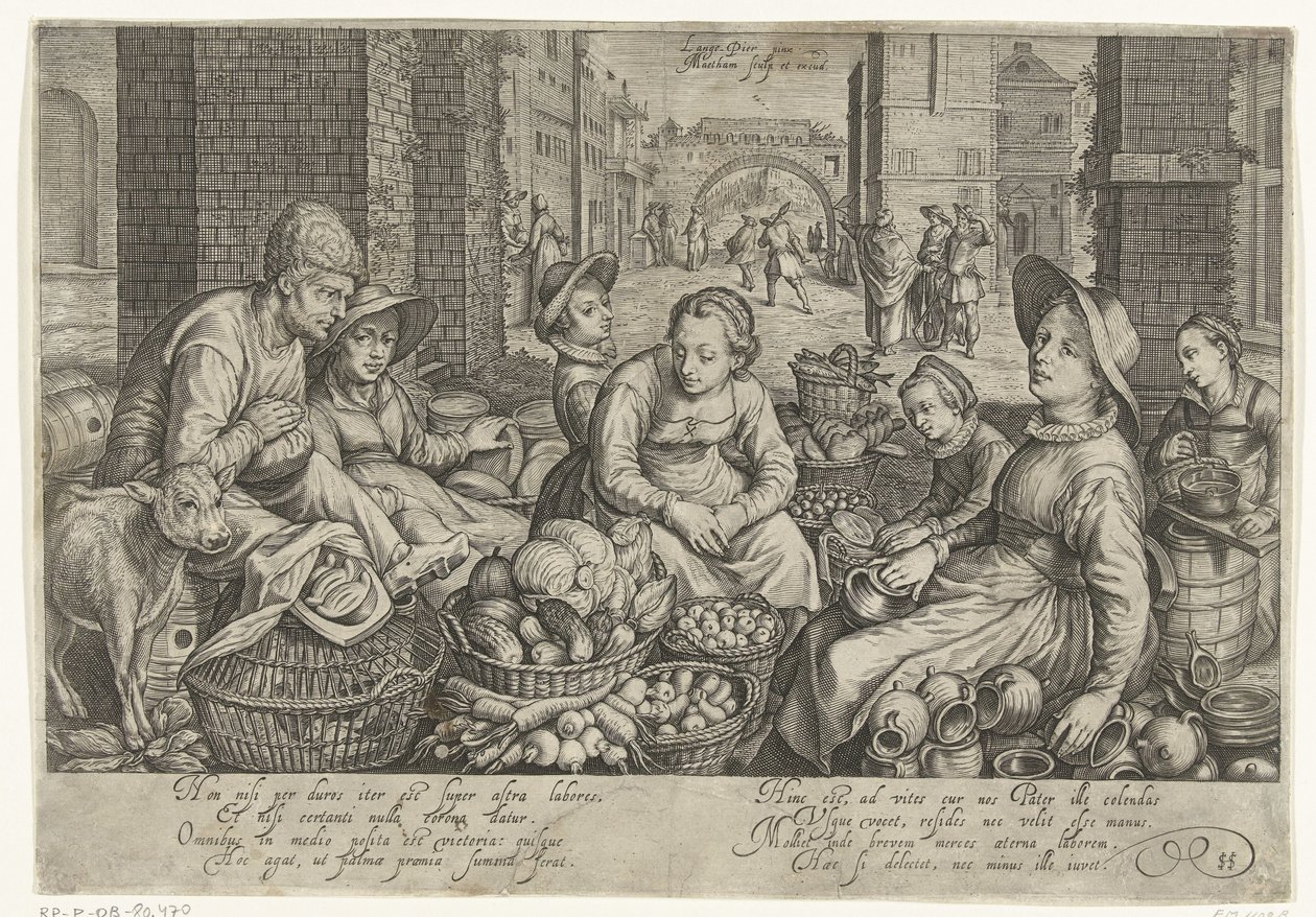 Arka planda bağdaki işçilerin benzetmesiyle pazar sahnesi, yaklaşık 1600 by Jacob Matham