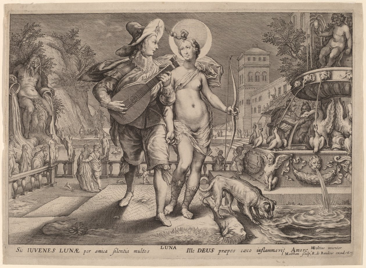 Diana Serenat Yapan Genç Bir Adama Eşlik Eden Luna rolünde by Jacob Matham, after Hendrik Goltzius