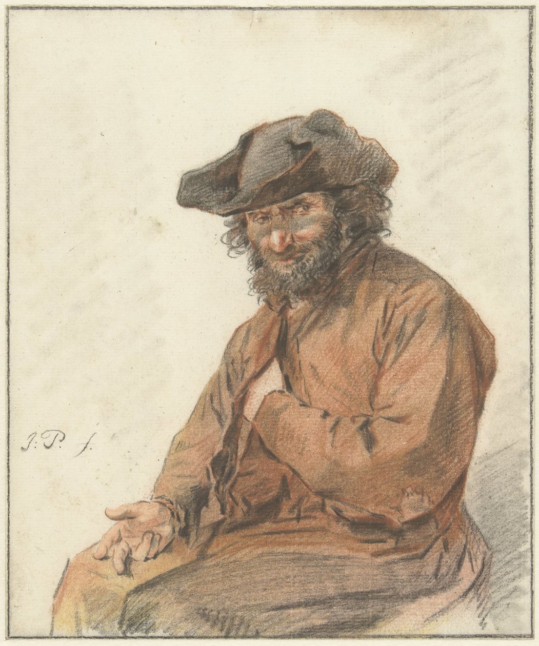 Uzun kıvırcık saçlı ve siyah şapkalı oturan adam by Jacob Perkois
