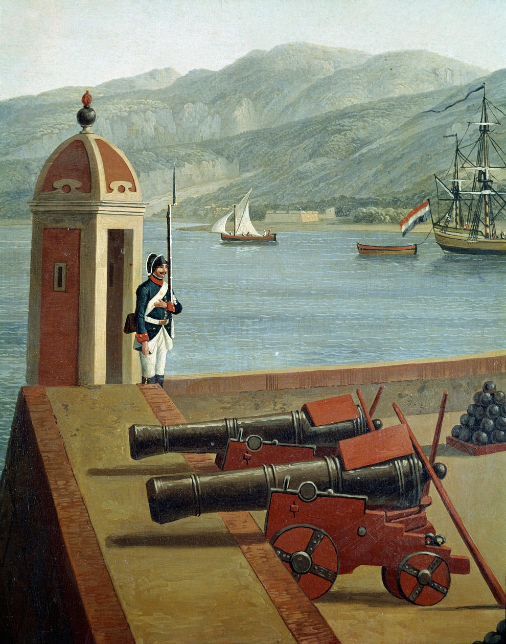 Reggio Calabria limanının askeri tahkimatlarının görünümü (Reggio Calabria askeri tahkimatlarının görünümü) Bir muhafız ve toplar (toplar ve muhafızlar) detayı - Jacob Philipp Hackert dit Hackert d