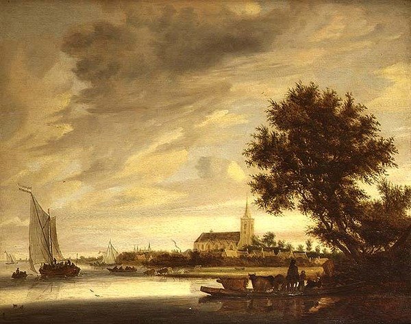 Ön planda bir feribot olan bir nehir manzarası by Jacob Salomonsz. (circle of) Ruysdael
