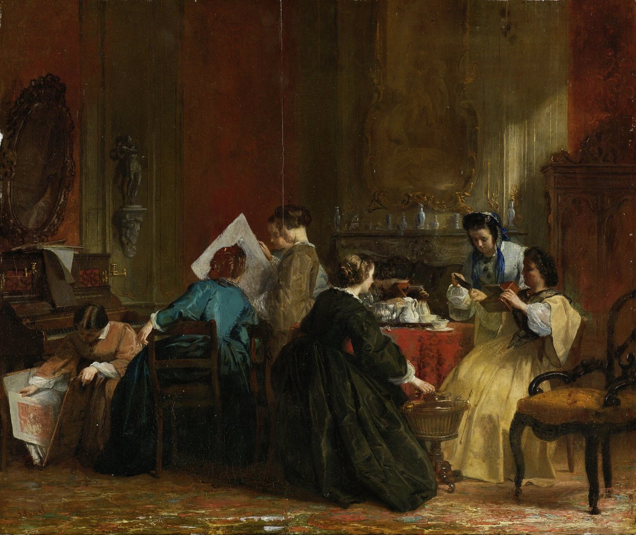 Stereoskopik Fotoğraflara Bakan Kadın Grubu, c.1868 (panelde yağlı boya) by Jacob Spoel