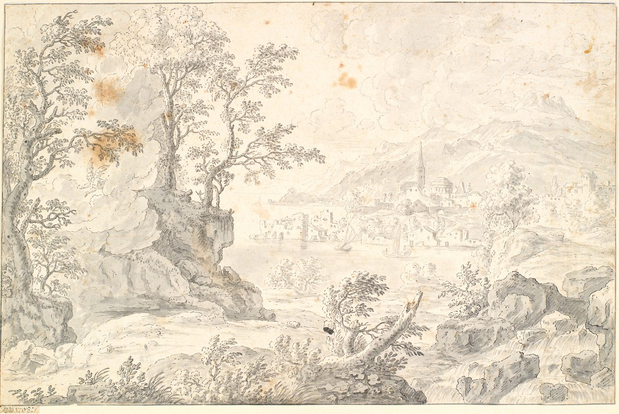 Bir şehir ile manzara (Hamburg?) Aşağı göl veya deniz manzarası by Jacob Stockmann