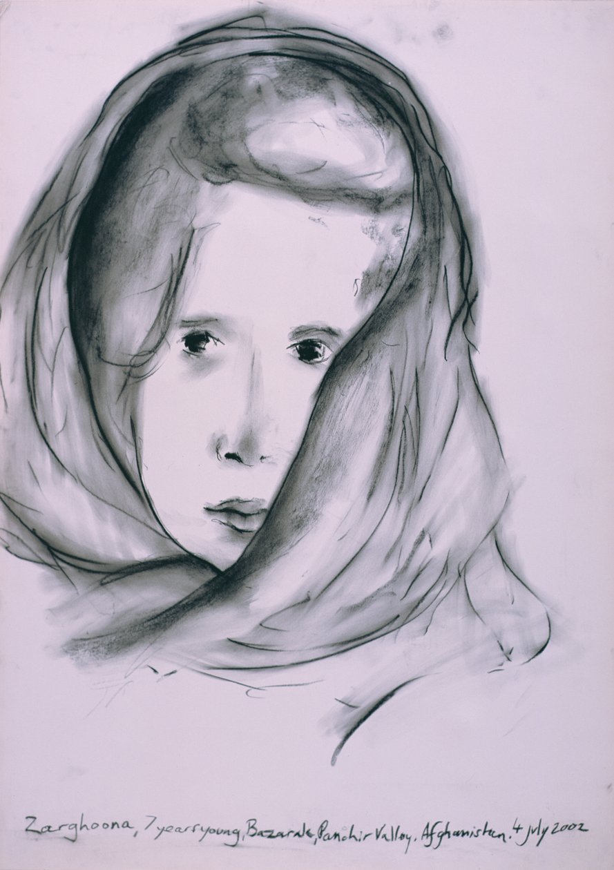 Zarghoona, Panshir Vadisi, Afganistan, 4 Temmuz 2002 (kağıt üzerinde karakalem) by Jacob Sutton