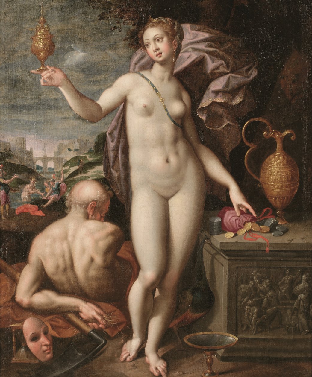 Altın bir kap ve bir para çantası tutan Juno (tuval üzerine yağlı boya) by Jacob de (studio of) Backer