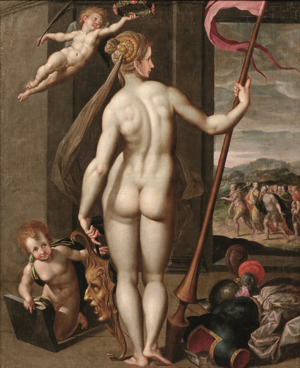 Bir putto tarafından defne ile taçlandırılırken elinde mızrak tutan Minerva (tuval üzerine yağlı boya) by Jacob de (studio of) Backer