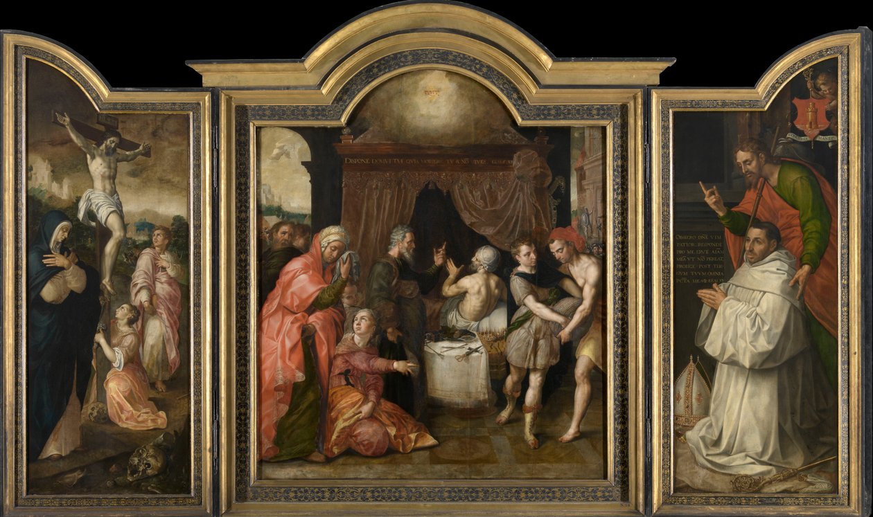 Çarmıha Gerilme (sol kanat), Hizkiya'nın Kurtarılacağı Kehaneti (orta panel), Başrahip Jacobus Delrio ve Koruyucu Aziz (sağ kanat) (panelde yağlı boya) by Jacob de Backer