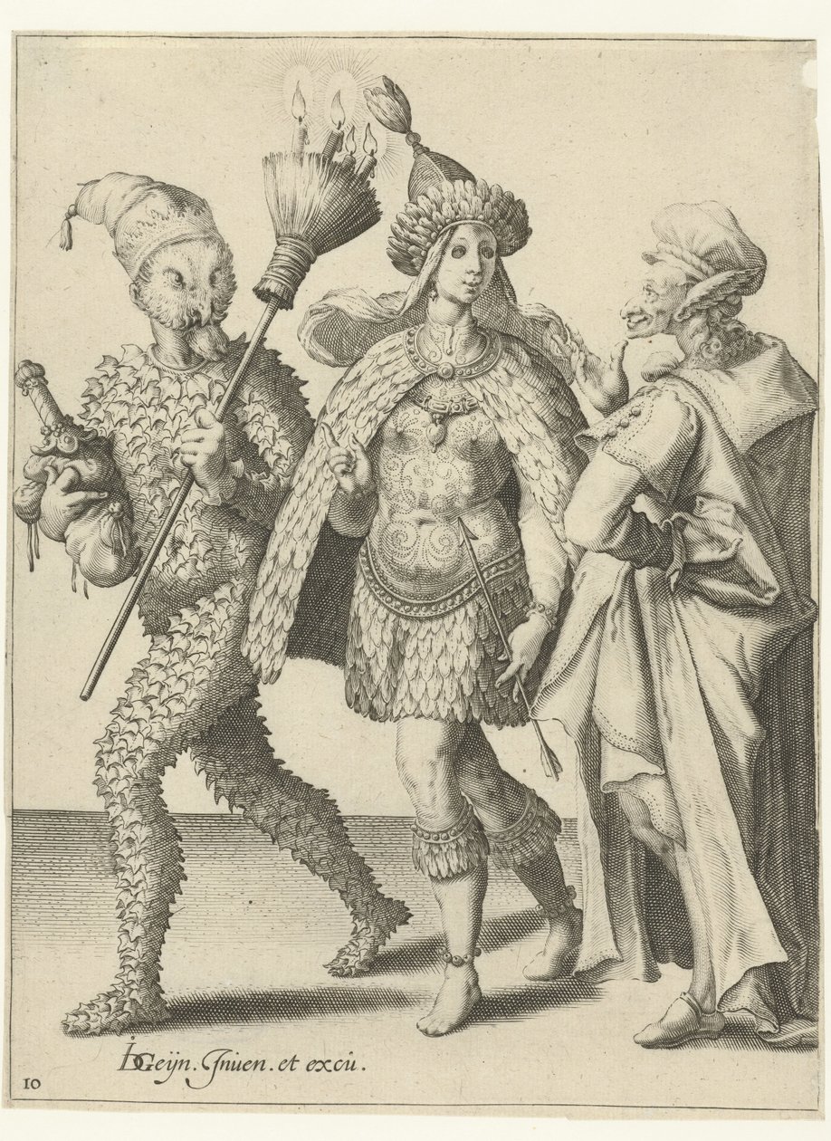 Üç maskeli figür, birinde mumlar sıkışmış bir süpürge ile Maskeli Balolar (dizi adı) by Jacob de Gheyn (II) (workshop of)