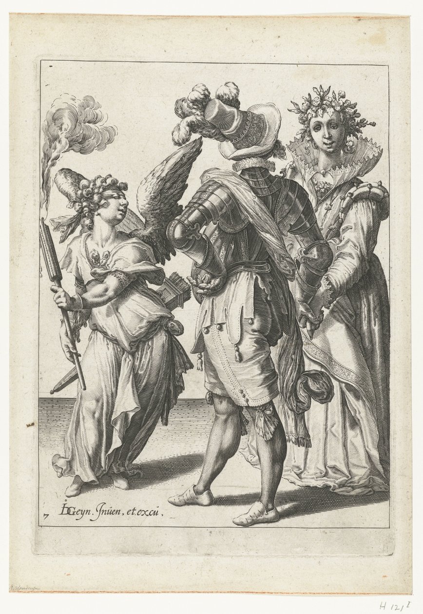 Festival kıyafetleri içinde bir çiftin önünde bir meşale ile gözleri bağlı bir aşk tanrısı Maskeli Balolar (dizi adı) by Jacob de Gheyn (II) (workshop of)