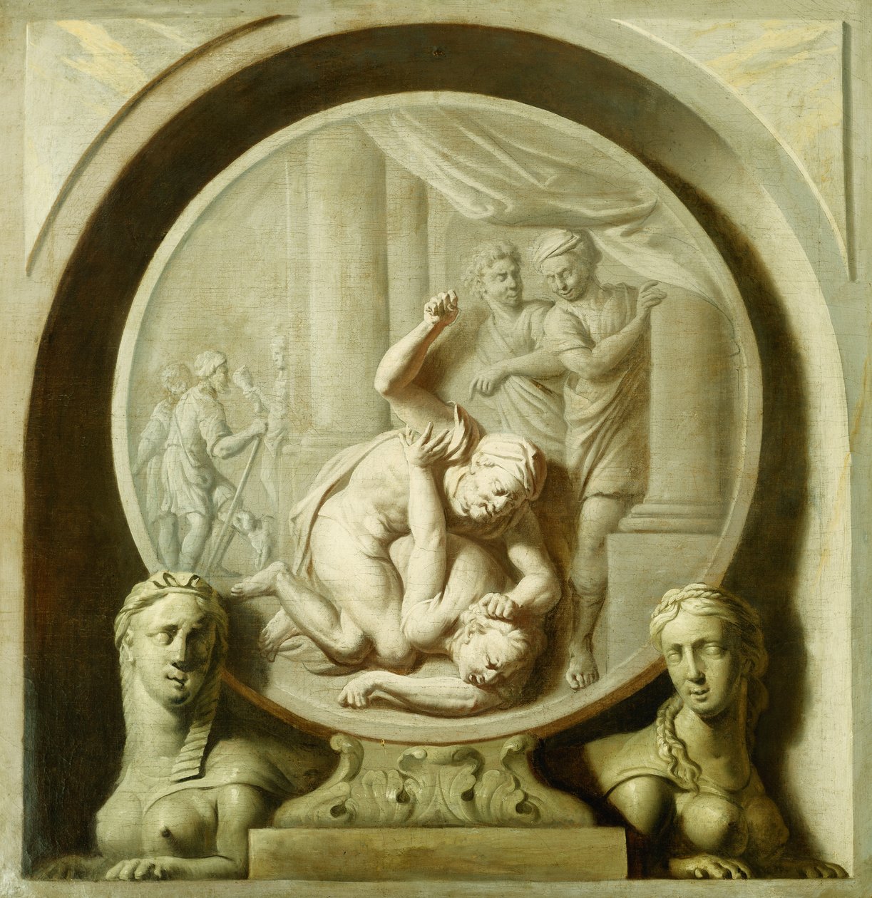 Dilenciyle Dövüşen Odysseus ve Sphynxs ile Dekoratif Bir Roundel by Jacob de Wit