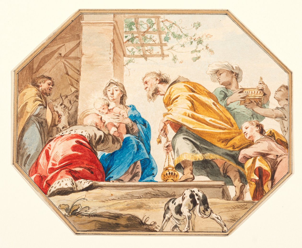 Magi#39;nin Hayranlığı, 1751 dolayları (grafit, kalem ve kahverengi mürekkep, kağıt üzerine sulu boya, sekizgen şeklinde kesilmiş, kahverengi mürekkepli ve yıkama kenarlı) by Jacob de Wit