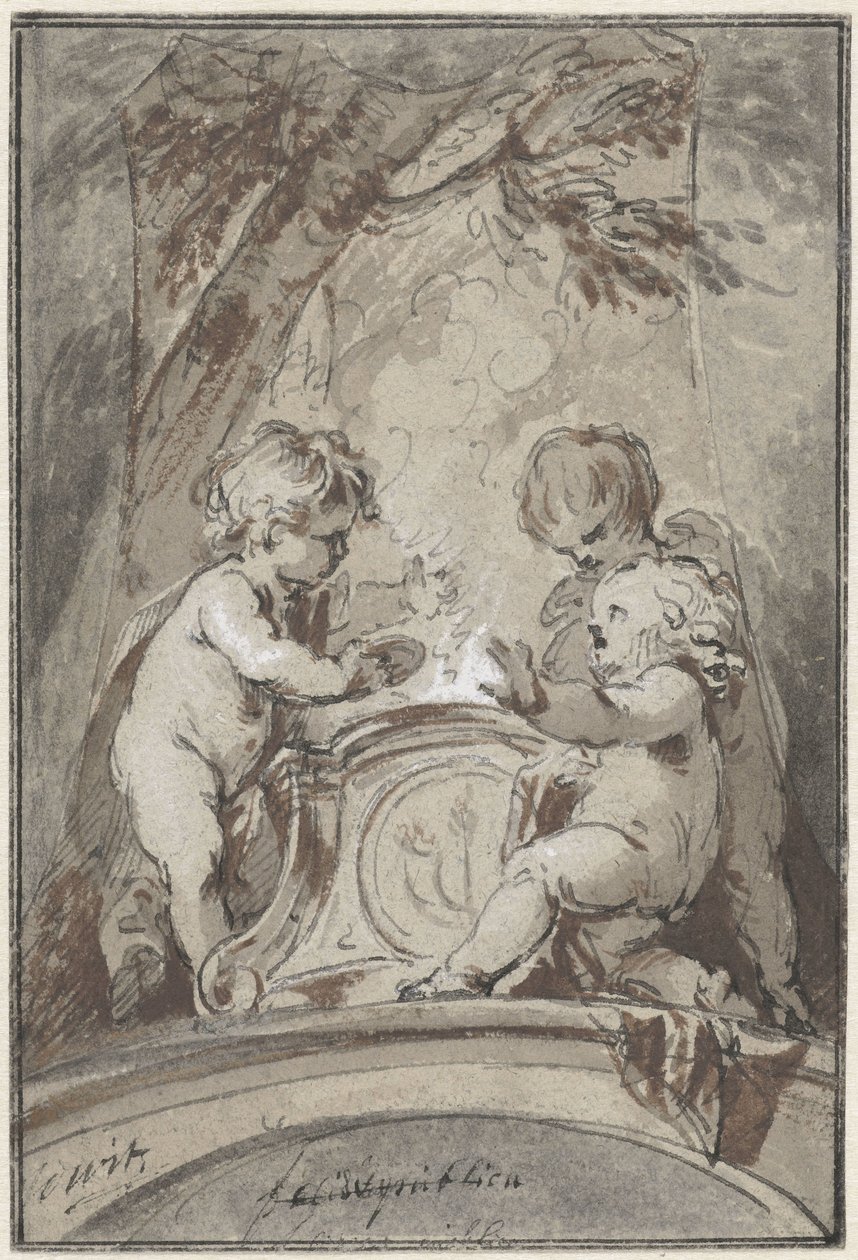 Bir sunakta üç putti ile alegori by Jacob de Wit