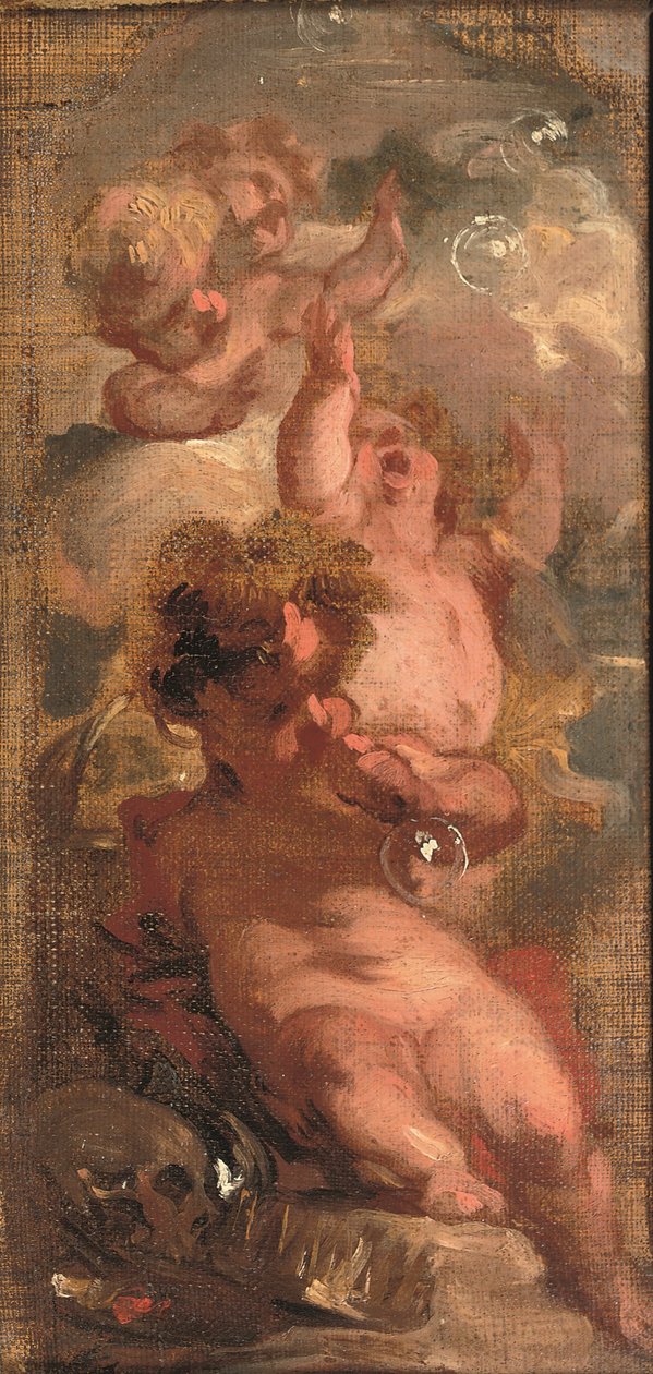 Bir Vanita Alegorisi: Dört adet macun üfleme balonu, bir kafatası, bir sanatçının paleti ve yanında bir taç (panel üzerine yerleştirilmiş tuval üzerine yağlı boya) by Jacob de Wit