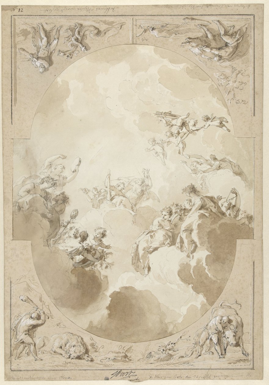 Herkül'ün Apotheosis'ini ve dört eserini betimleyen bir tavan resmi tasarımı by Jacob de Wit