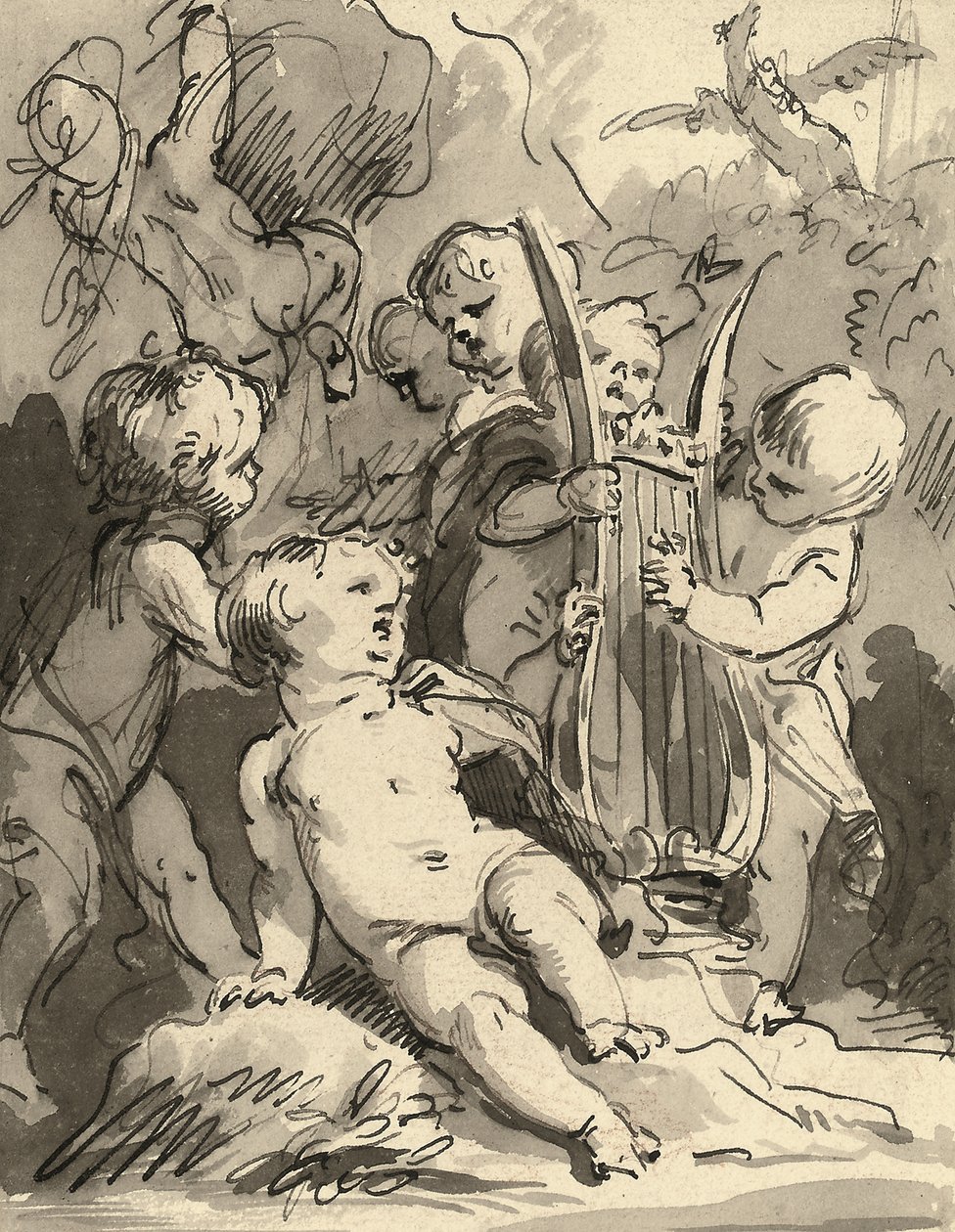 Putti lir çalıyor (kırmızı tebeşir, kalem ve siyah mürekkep ve gri yıkama) by Jacob de Wit