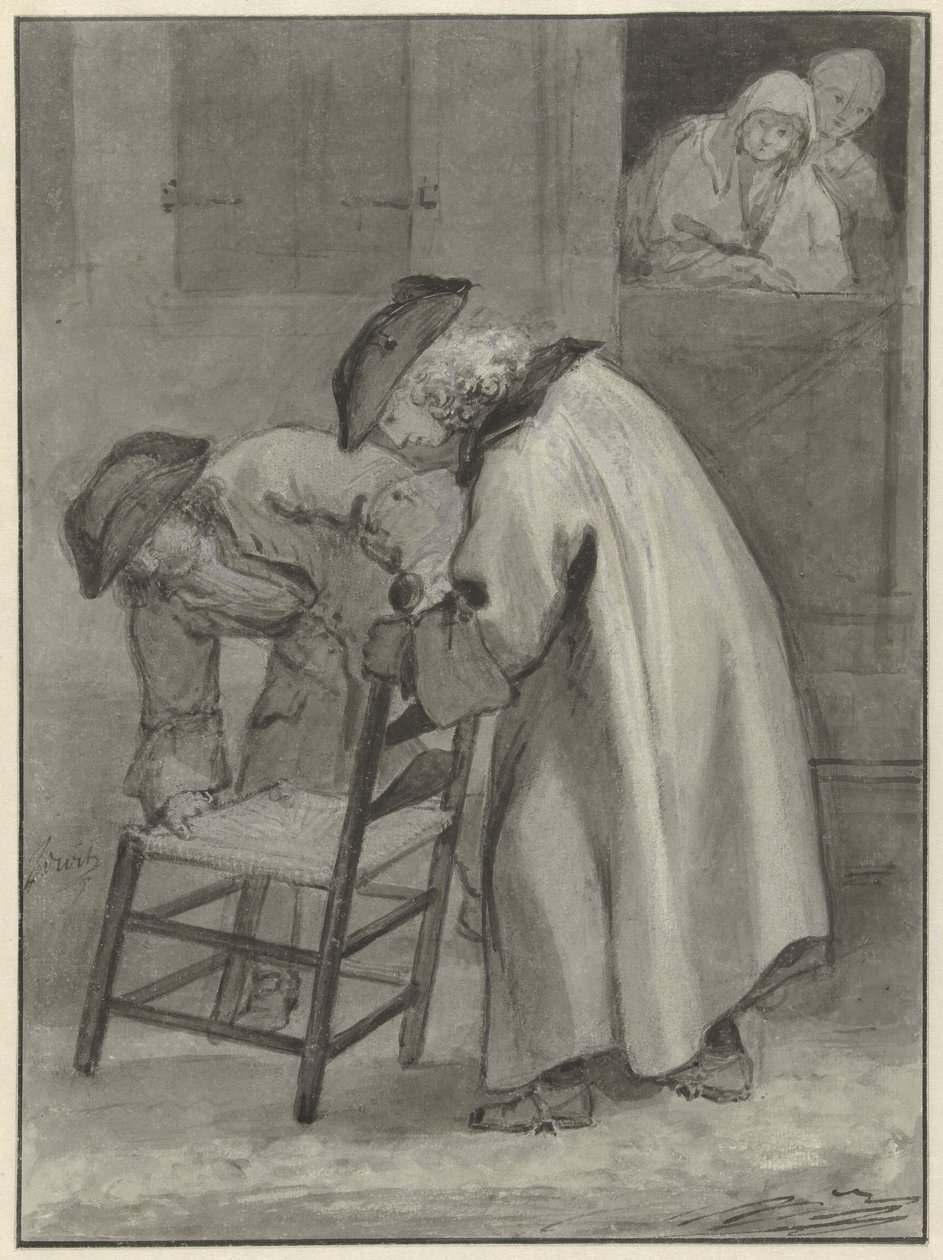 Dikişli iki adam hasır sandalyeye bakıyor. by Jacob de Wit