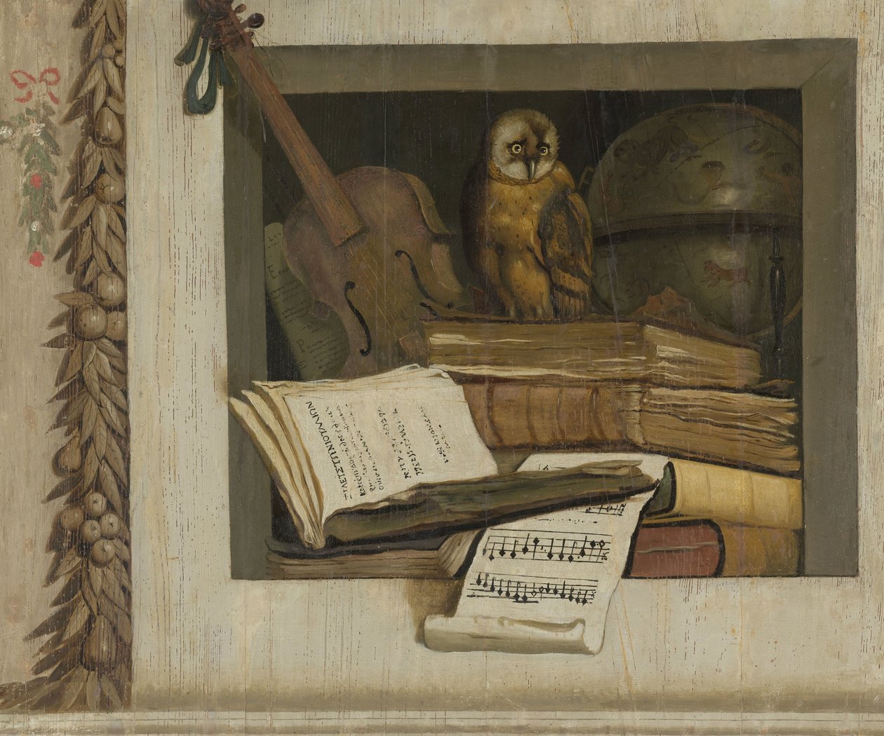 Kitaplar, Notalar, Keman, Gök Küre ve Bir Baykuş ile Natürmort by Jacob van Campen