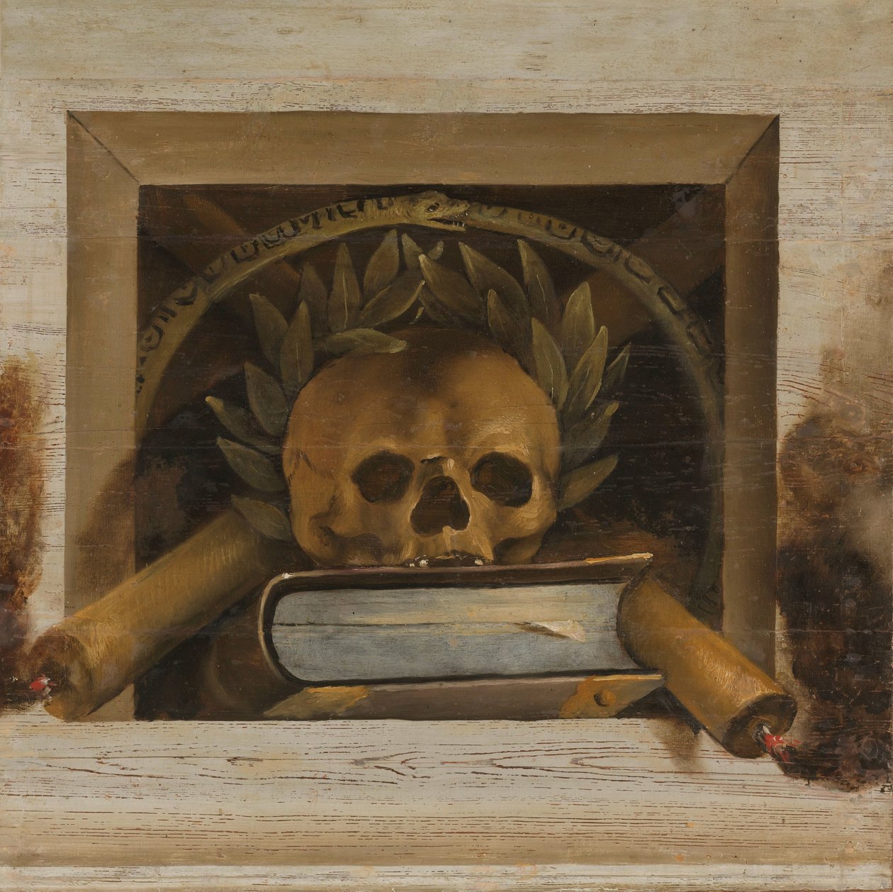 Vanitas Kafatası ile Defne Çelengi, Kitap ve iki Yanan Mum ile Natürmort by Jacob van Campen