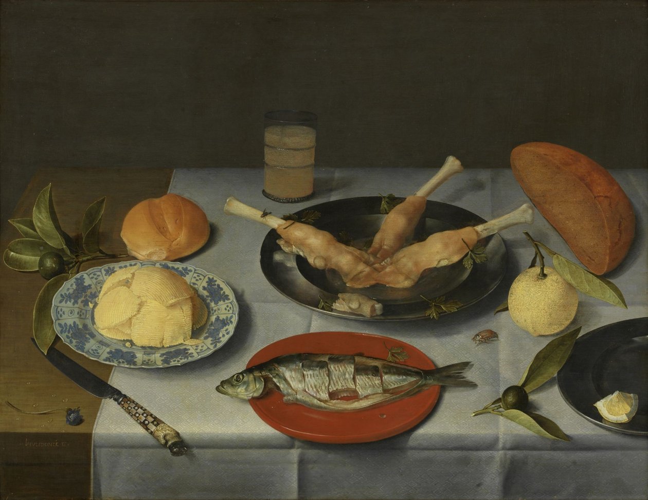 Ekmek, peynir, balık ve bira ile kahvaltı, c. 1615 by Jacob van Hulsdonck