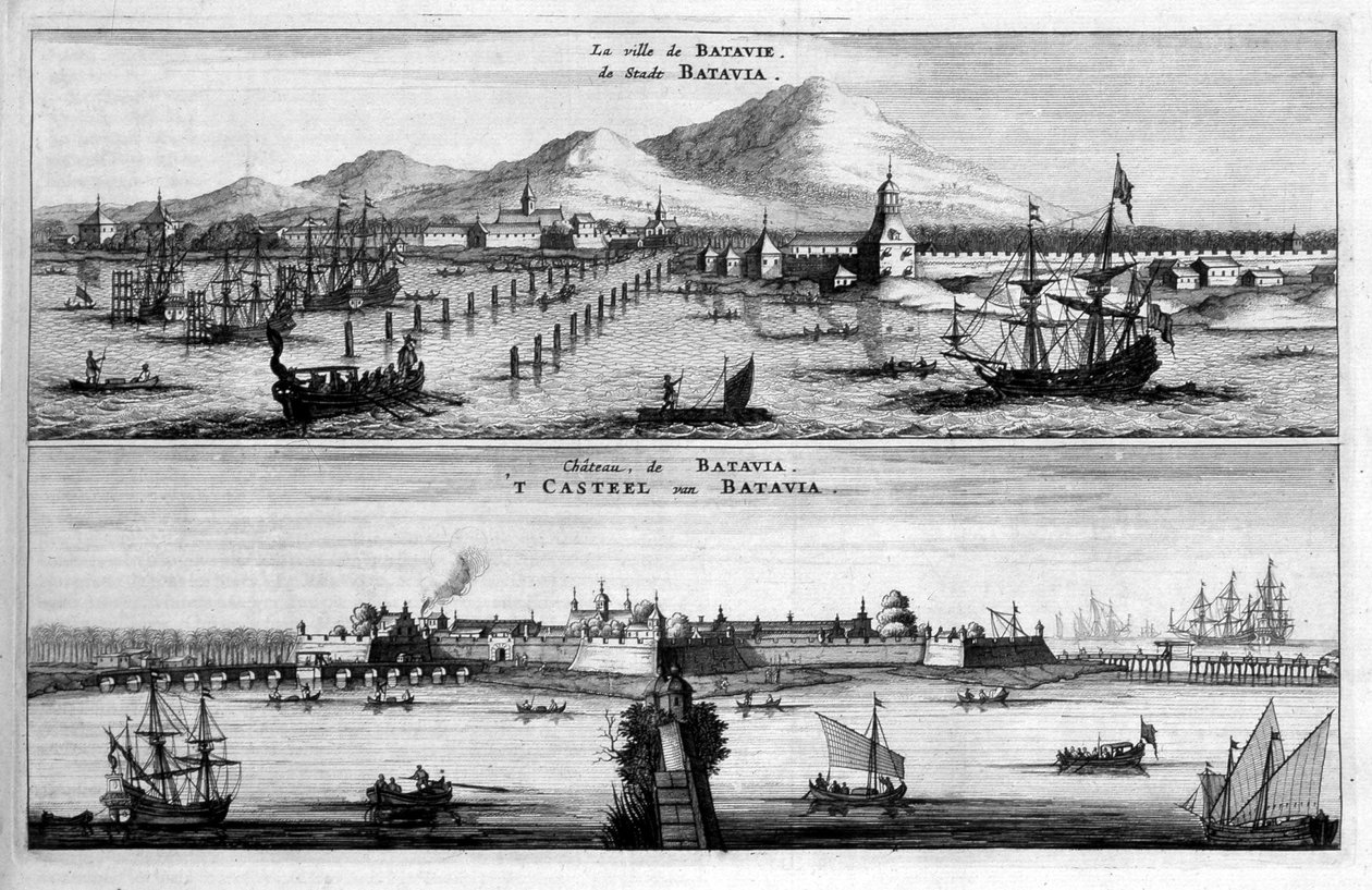 Batavia şehrinin, limanının ve kalesinin manzaraları - Pierre de Goyer ve Jacob de Keyser, Leiden tarafından “" Birleşik İllerin Doğu Şirketi