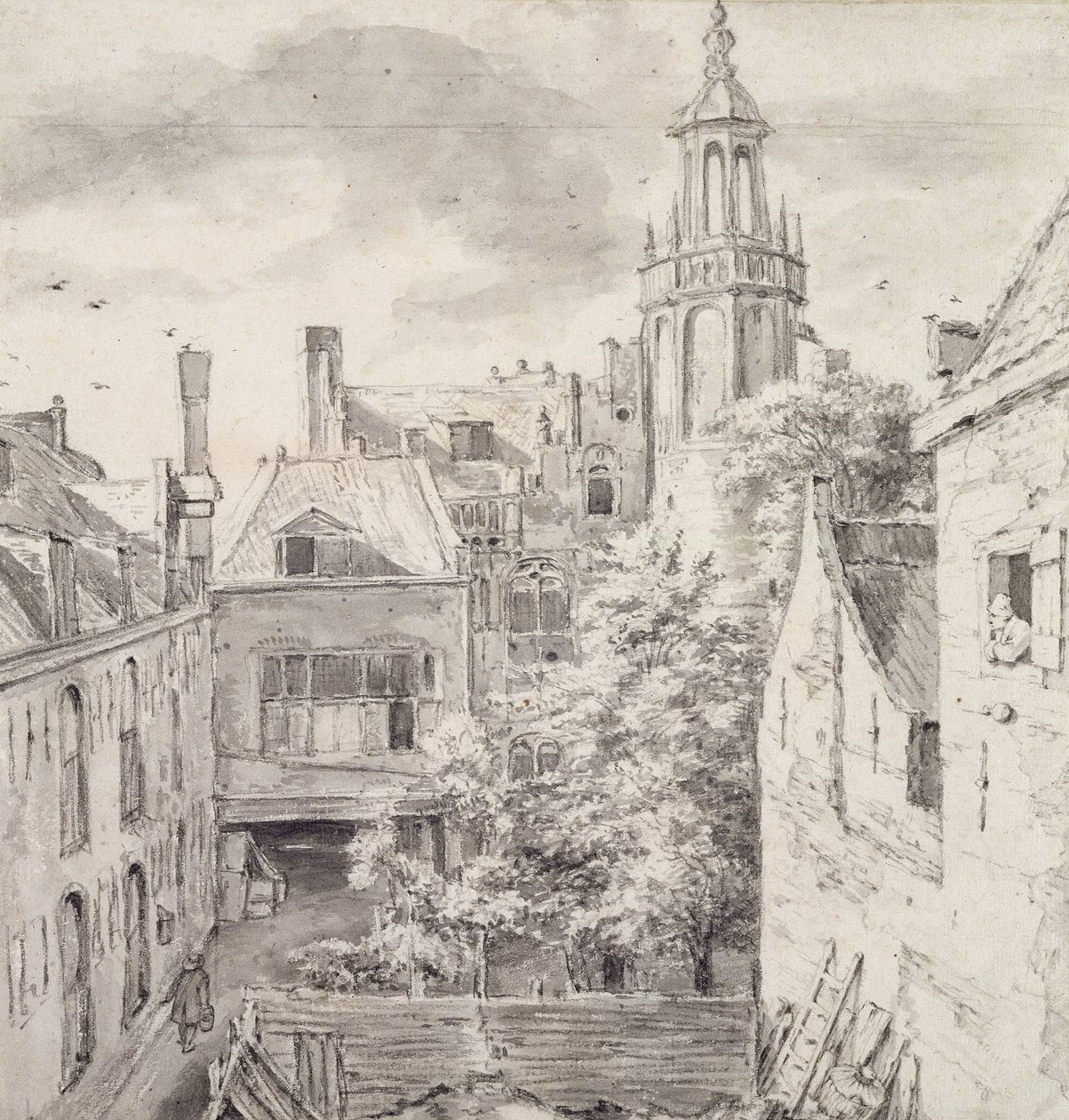 View of the Courtyard of the House of the Archers of the St. Sebastian Guild on the Singel in Amsterdam (pencil und wash on paper) by Jacob van Ruisdael