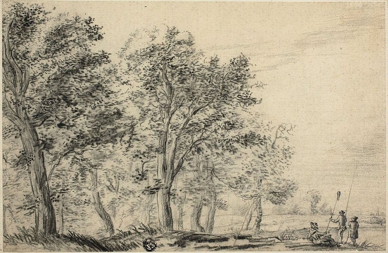Üç Kişi Balık Tutma ile Ormanlık Nehir Manzarası by Jacob van Ruisdael