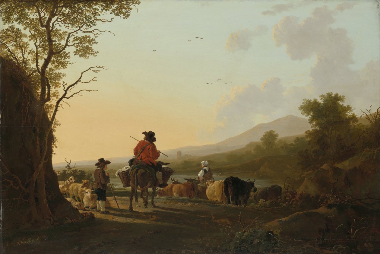Sığır Sürücüsü ve Çoban ile Manzara by Jacob van Strij