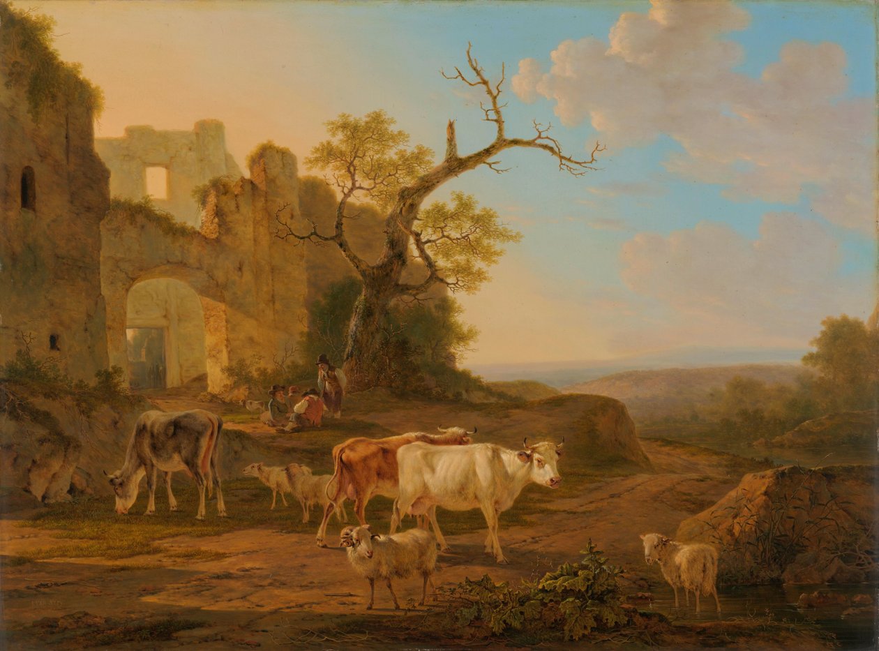 Bir Harabenin Yanında İneklerle Manzara by Jacob van Strij