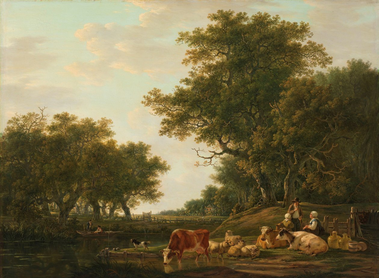 Suyun Üzerinde Sığırları ve Balıkçılarıyla Köylülerle Manzara by Jacob van Strij