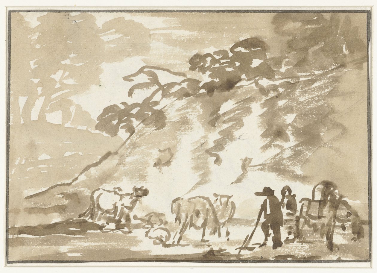 İnekler ve bir çoban ile manzara by Jacob van Strij