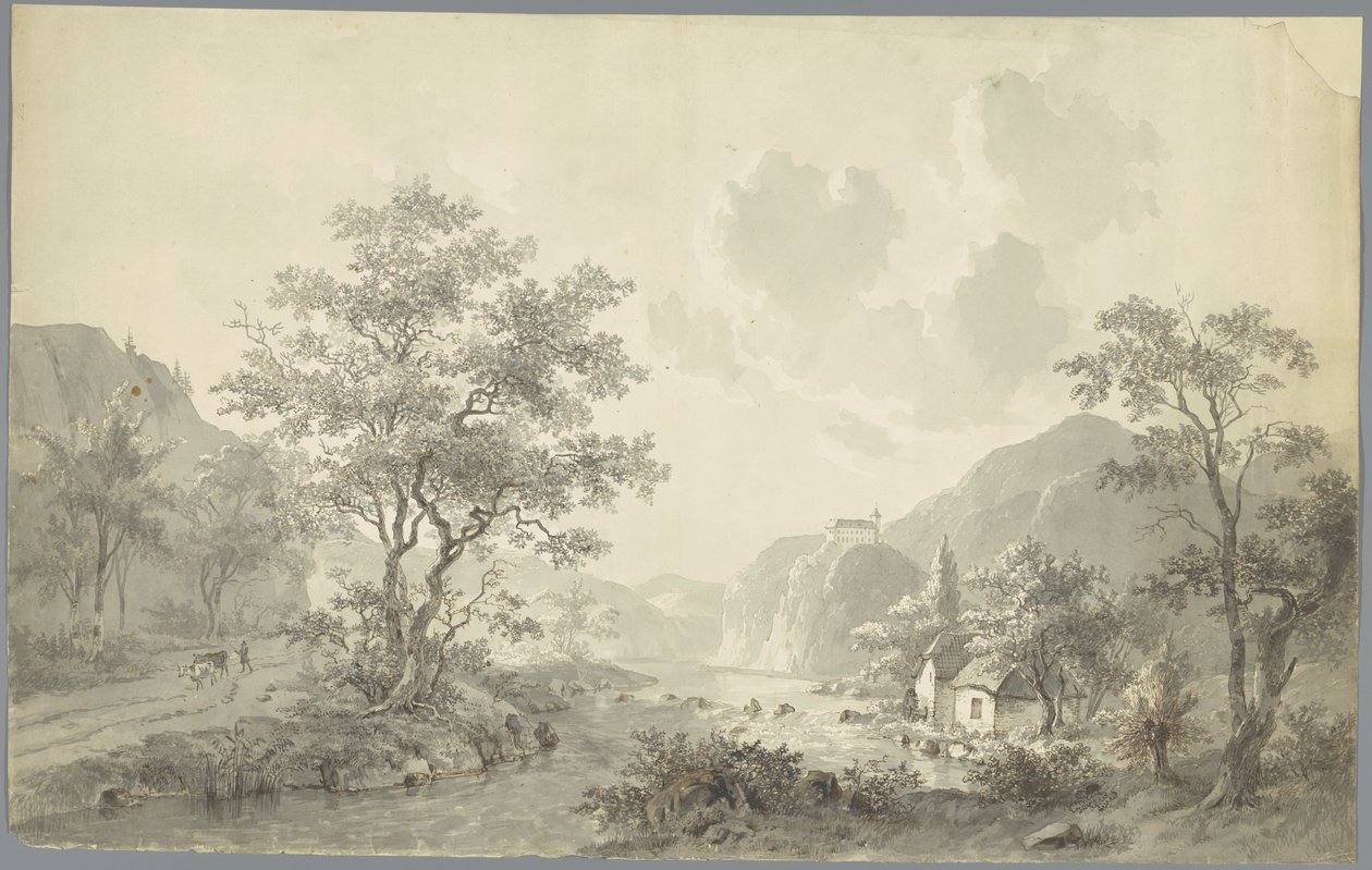Bir dağ manzarasında bir gölde şelale by Jacob van Strij