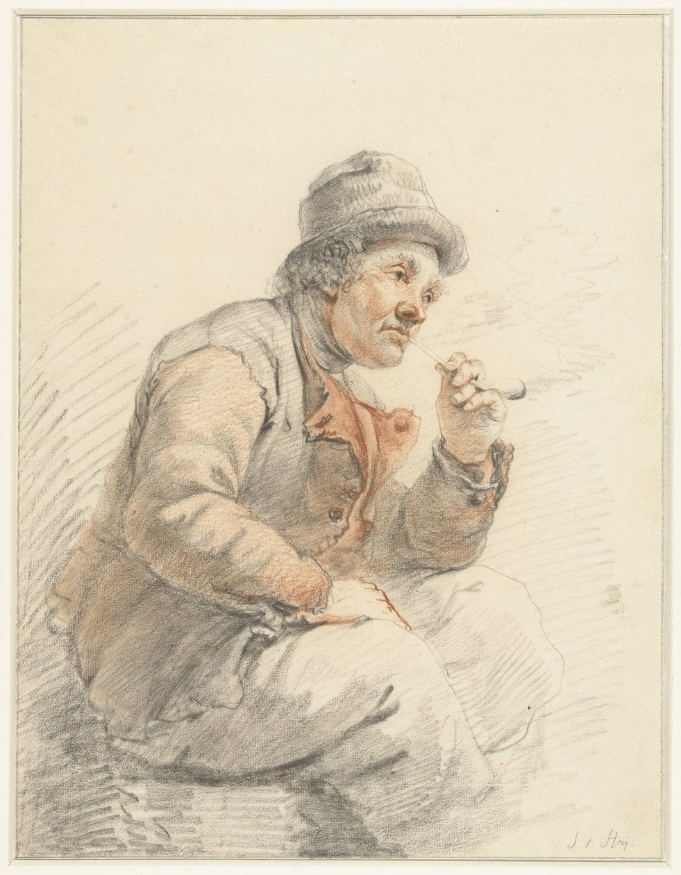 Oturmuş, pipo içen çiftçi by Jacob van Strij