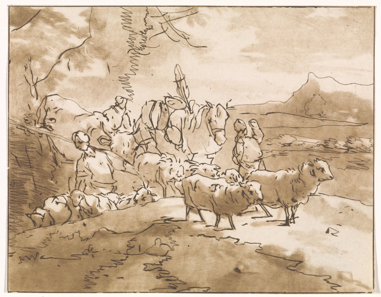 Bir dağ manzarası içinde sığır ile çobanlar by Jacob van de Velde (graveur)