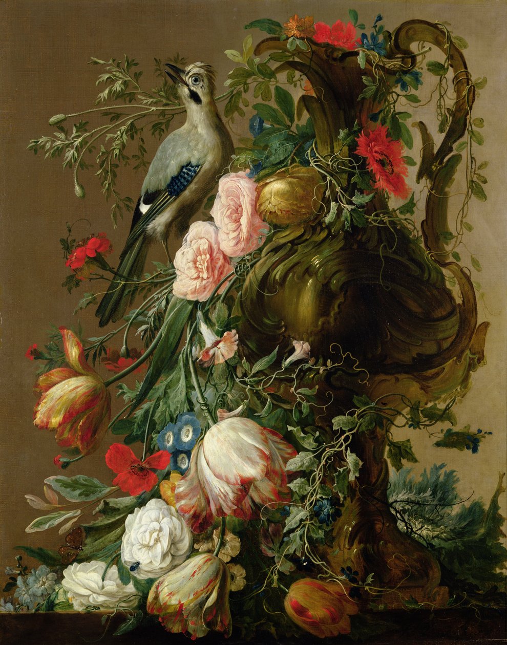 Güller, Kulak Çiçeği, Gelincikler, Convulvulus, Çıkıntıda Jay ile Heykel Taş Vazo, 1760 by Jacobes Vonck
