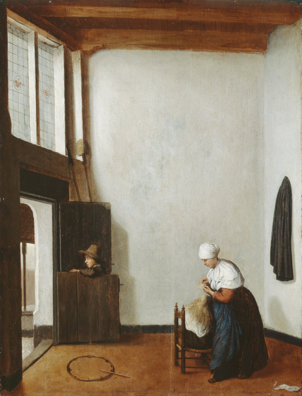 Küçük bir kızın saçını tarayan bir kadınla iç mekan, c.1662 (meşe panel üzerinde yağlı boya) by Jacobus Vrel or Frel