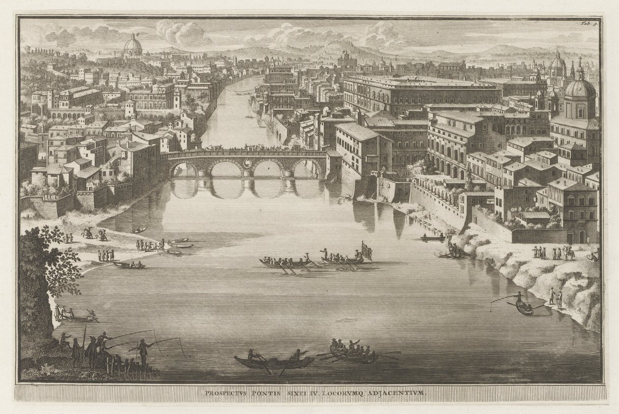 Tiber Nehri üzerinde Ponte Sisto ile Roma manzarası Prospektüs Pontis Sixti IV locorumq adjadentium (nesne üzerindeki başlık) Roma