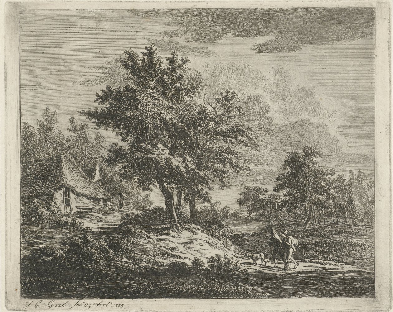 Üç ağacın yanında yürüyüşçülerle dolu bir manzara by Jacobus Cornelis Gaal