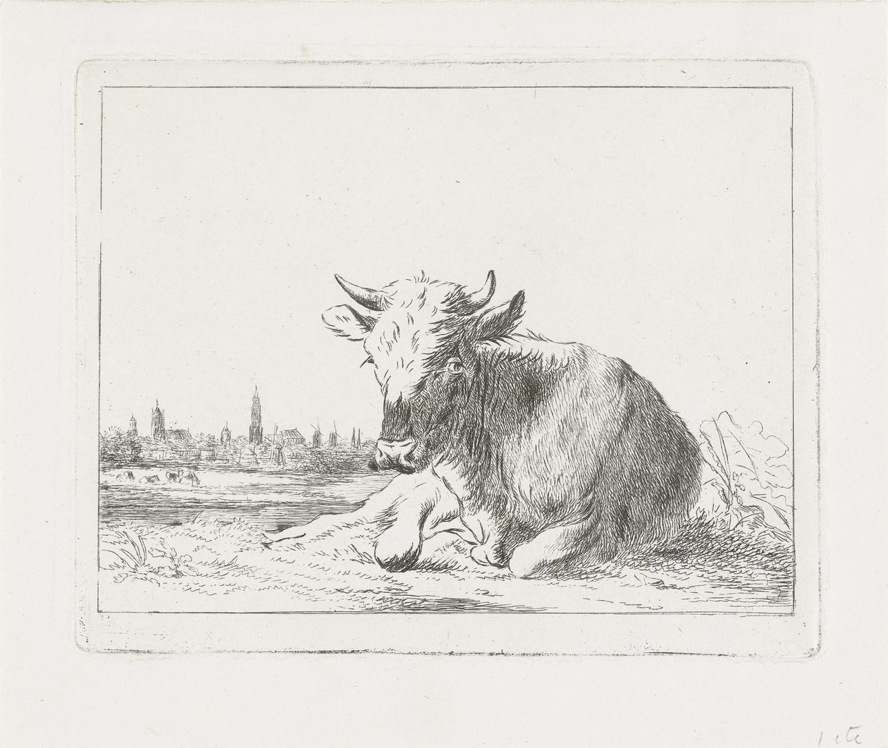 Yatan inek, arka planda bir şehir by Jacobus Cornelis Gaal