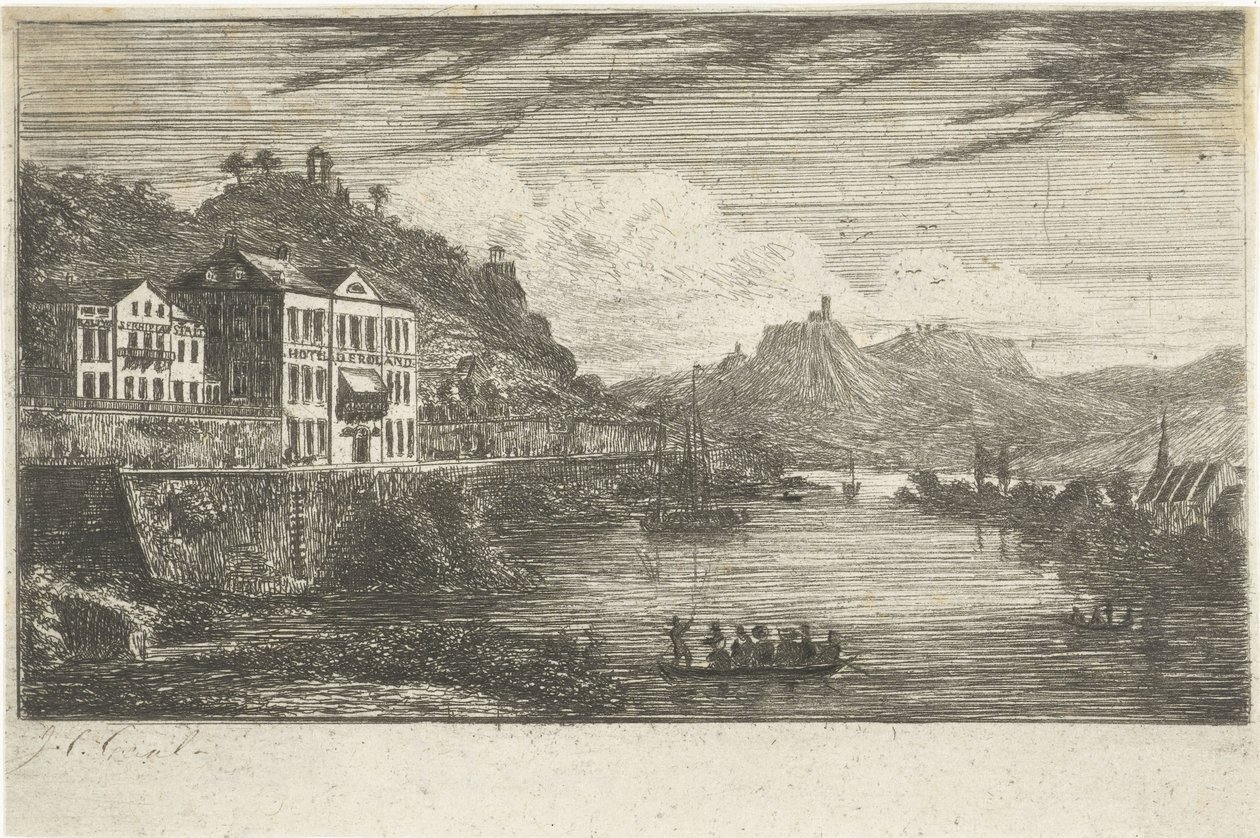 Rıhtımda bir otel ile nehir manzarası by Jacobus Cornelis Gaal