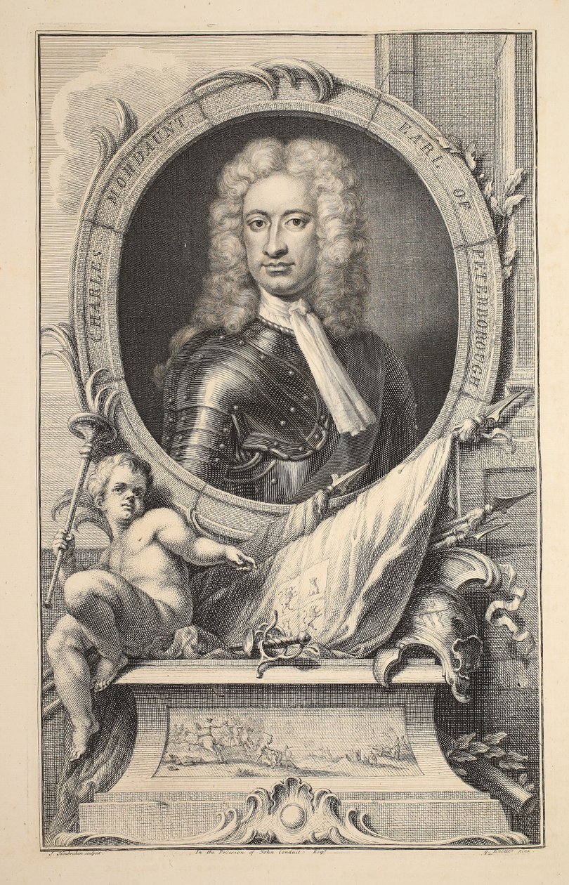 Peterborough Kontu Charles Mordaunt'un portresi, 'Büyük Britanya'nın Şanlı Kişilerinin Başkanları'ndan bir çizim, pub. Knapton, Londra 1742 tarafından by Jacobus Houbraken