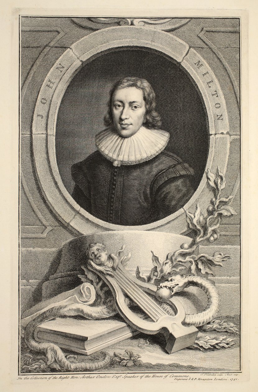 John Milton'ın portresi, 'Büyük Britanya'nın Şanlı Kişilerinin Başkanları'ndan bir çizim, pub. Knapton, Londra 1742 tarafından by Jacobus Houbraken