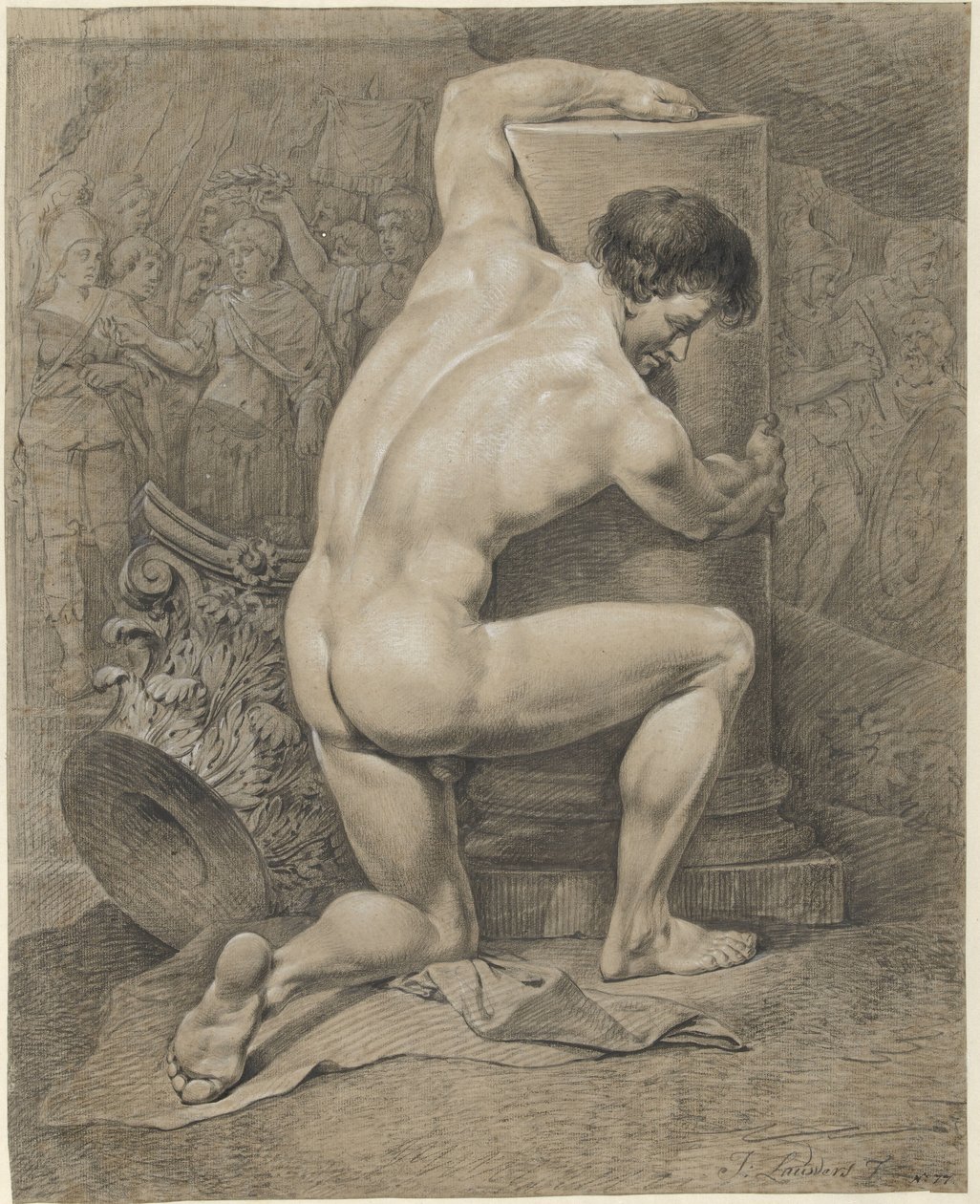 Erkek çıplak diz çökmüş, kollar bir sütunun etrafında sağa doğru by Jacobus Johannes Lauwers