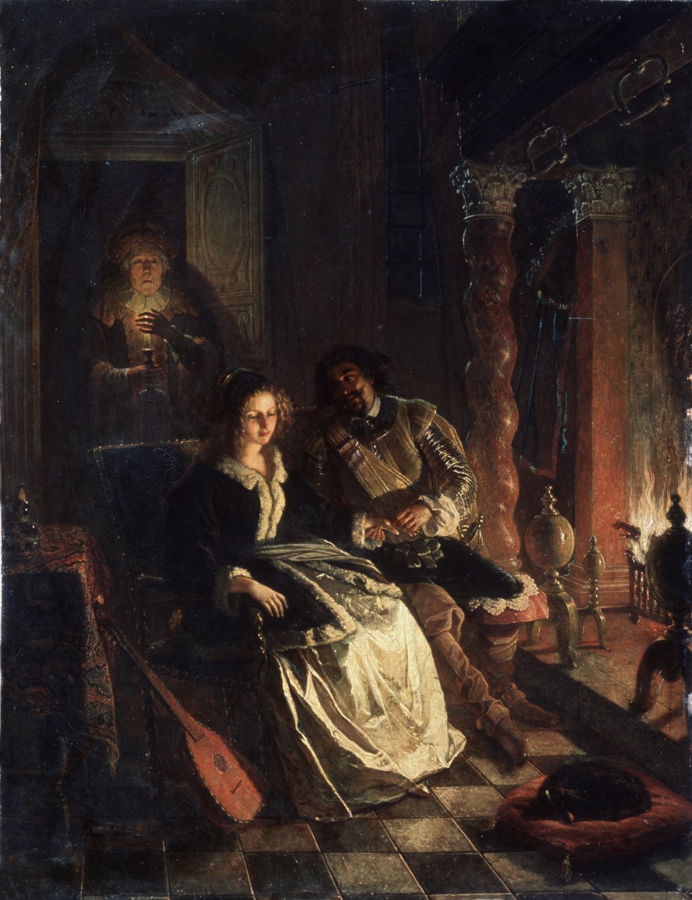 ""Le Rendez vous"" (Rendezvous) Baştan çıkarma sahnesi, şöminenin yanında kendisine aşkını ilan eden bir beyefendinin kur yaptığı genç bir kız. Tablo Jacob Joseph Eckhout (1793-1861) 1852 Beyaz Rusya Cumhuriyeti Devlet Sanat Müzesi, Minsk, Beyaz Rusya by Jacobus Josephus Eeckhout