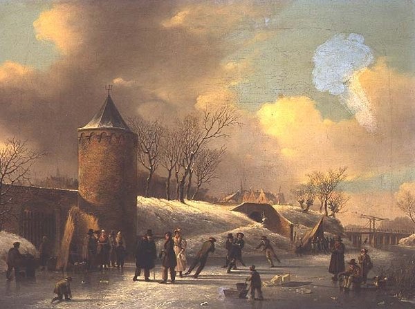 Bir kulenin yanında donmuş bir su yolunda patenciler by Jacobus van der Stok