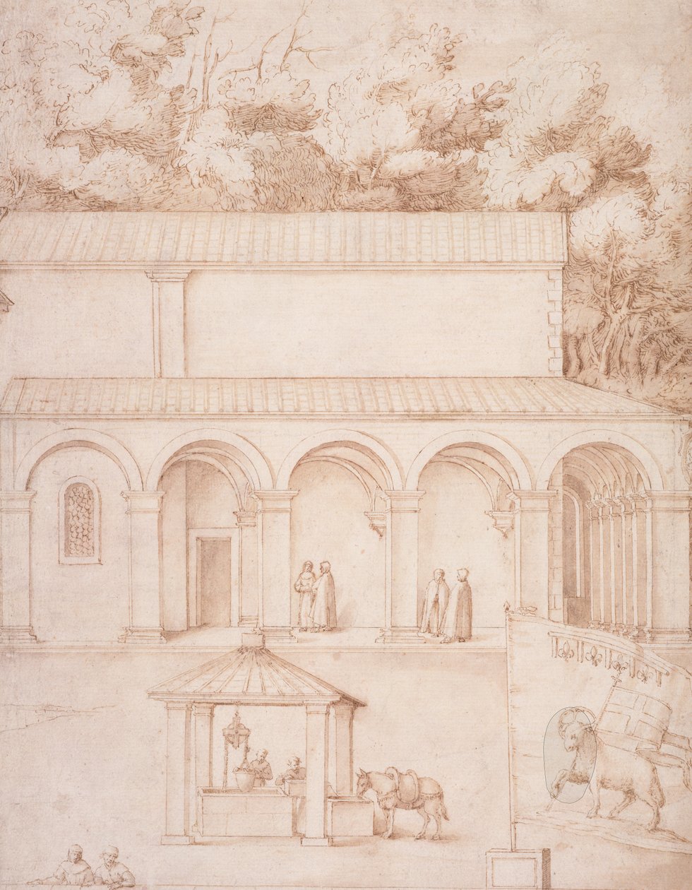 PD.54-1997 La Verna Manastırı, Avlu ve Kuyudan Görünüm, c.1607-12 (yıkama, kalem ve kağıt üzerine mürekkep) by Jacopo Ligozzi