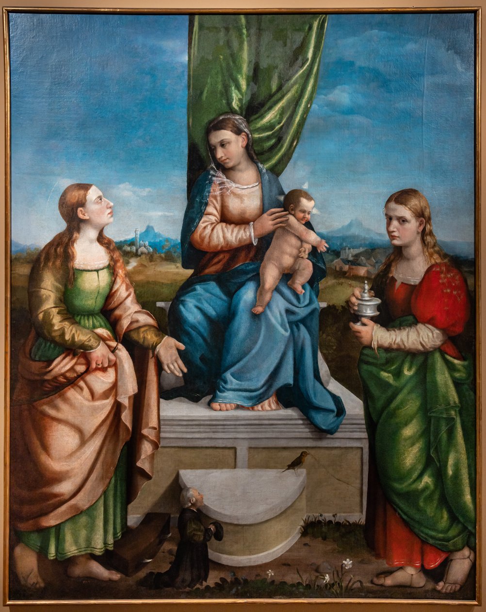 Azizler Catherine ve Mary Magdalene arasında Bebek İsa ile enthroned Madonna, 16. yüzyılın üçüncü on yılı (tuval üzerine yağlı boya) by Jacopo (1510 92) Bassano