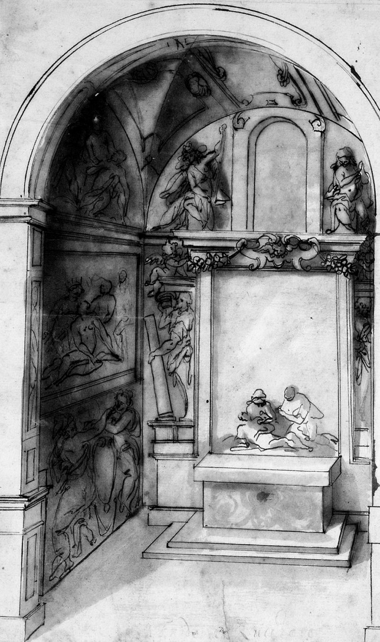 Fresklerle süslenmiş bir Şapel ve Ağıtlı bir sunak için bir Tasarım, Yukarıdaki Müjde (siyah tebeşir, kalem ve kağıt üzerinde yıkama ile mürekkep) by Jacopo (attr. to) Zucchi
