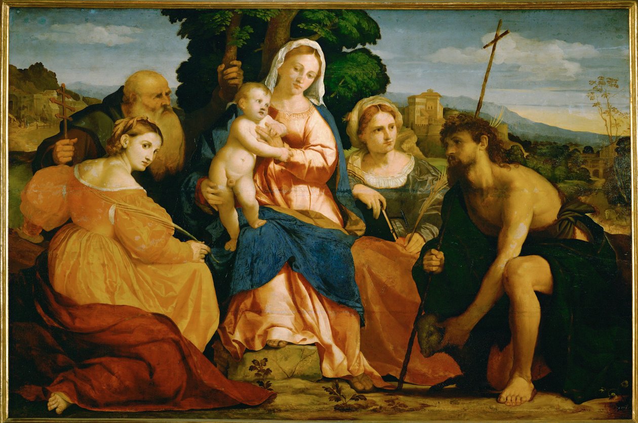 Meryem Ana, Çocuk ve Azizlerle (kavak ağacı) by Jacopo (c.1480-1528) Palma