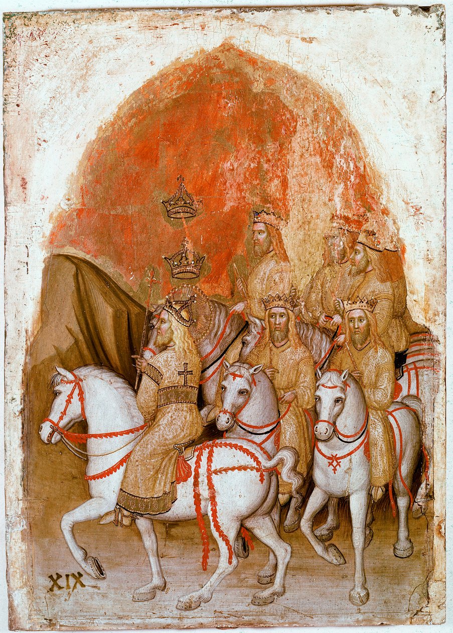 Vahiy Poliptiğinin sağ paneli: Bete tarafından yedi başlı olarak enkarne edilecek yedi Kralın temsili. Jacobello Alberegno tarafından ahşap üzerine Detrempe (1367-1397 yaklaşık) 1360-1390. Gallerie dell