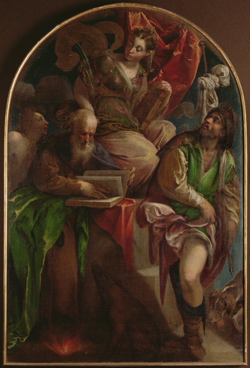 Padualı Aziz Justina, Aziz Sebastian, Aziz Anthony Abbot ve Aziz Roch ile Enthroned, c.1557-60 by Jacopo Bassano